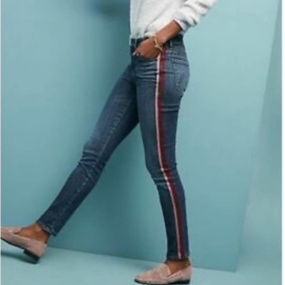 MOTHER Blue Denim Ankle Jeans with Red & White Side Stripe